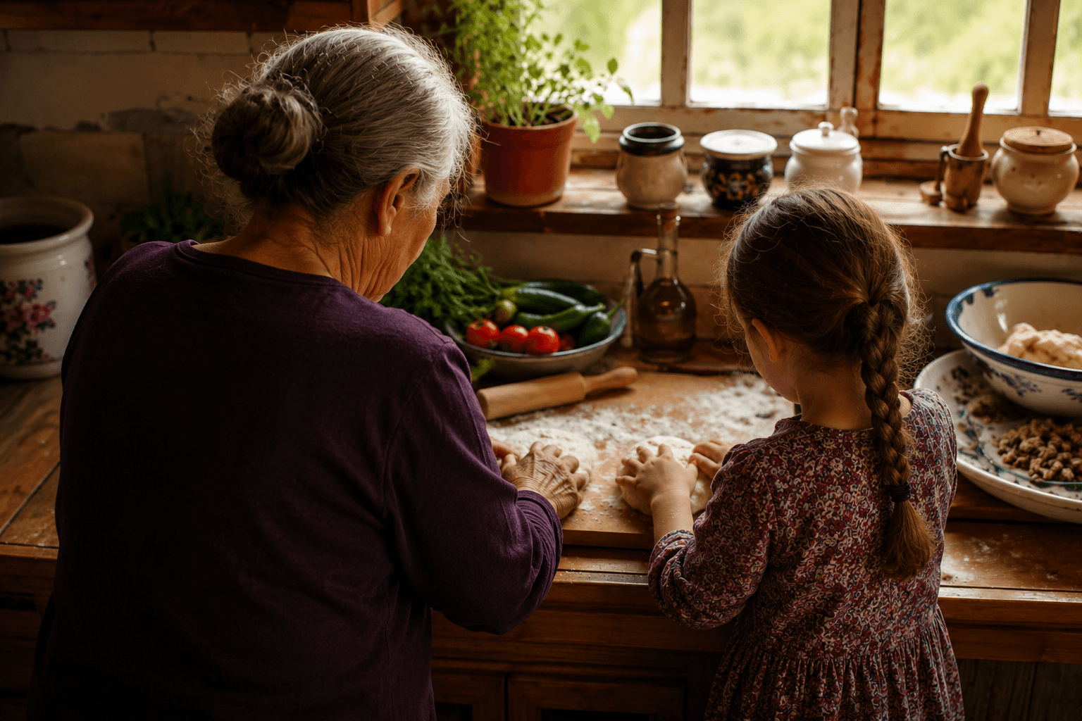 Grand-mère et petite-fille cuisinant ensemble, vues de dos