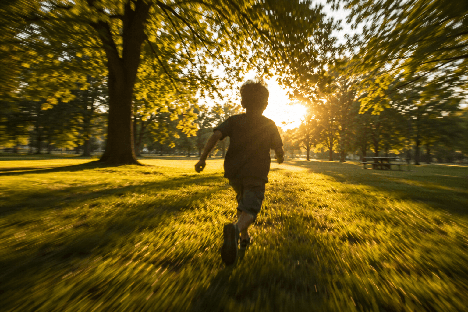 Enfant courant dans un parc à contre-jour