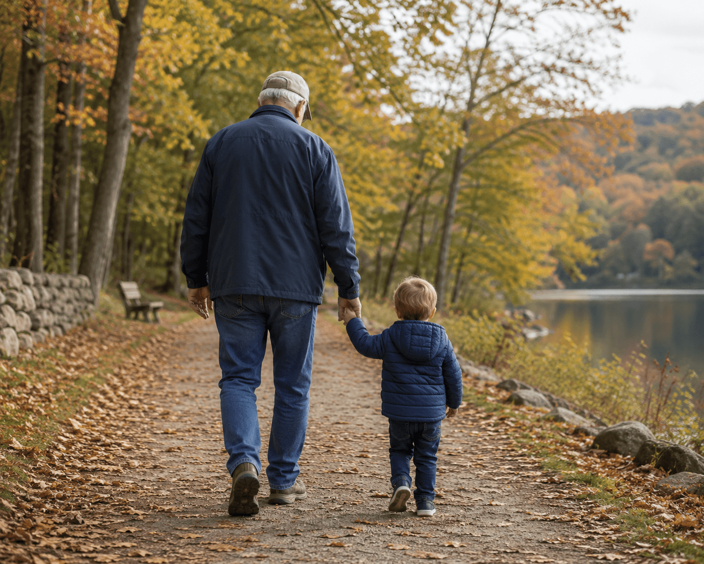Grand-père et petit-enfant marchant main dans la main dans la nature