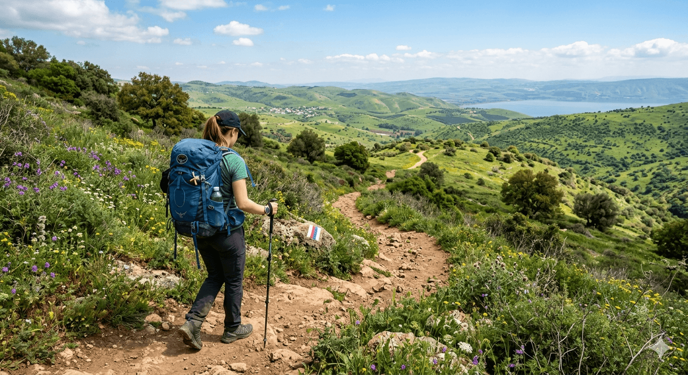 Un senderista visto de espaldas en un sendero con vistas al Mar de Galilea